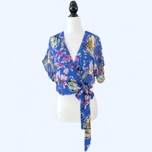 Zara Women’s Floral Blue Sheer Wrap Waist Coastal Euro Summer Boho Top XS